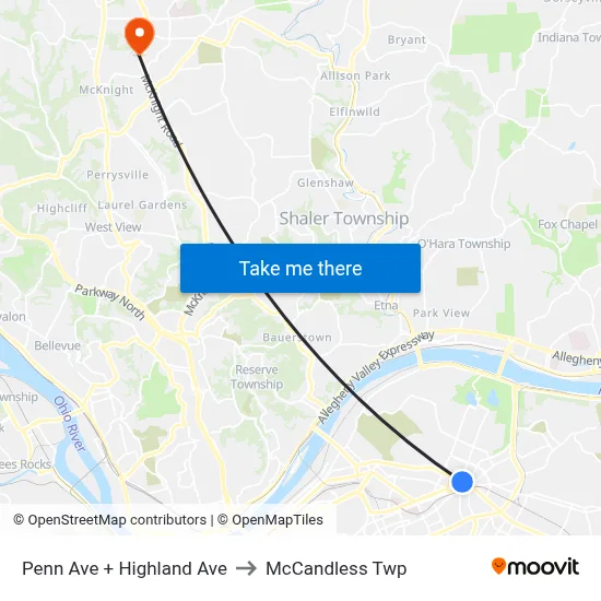 Penn Ave + Highland Ave to McCandless Twp map