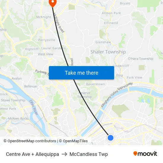 Centre Ave + Allequippa to McCandless Twp map