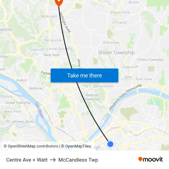 Centre Ave + Watt to McCandless Twp map
