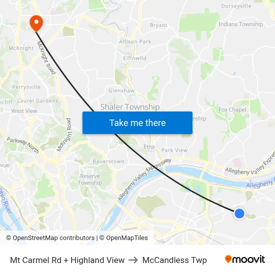 Mt Carmel Rd + Highland View to McCandless Twp map