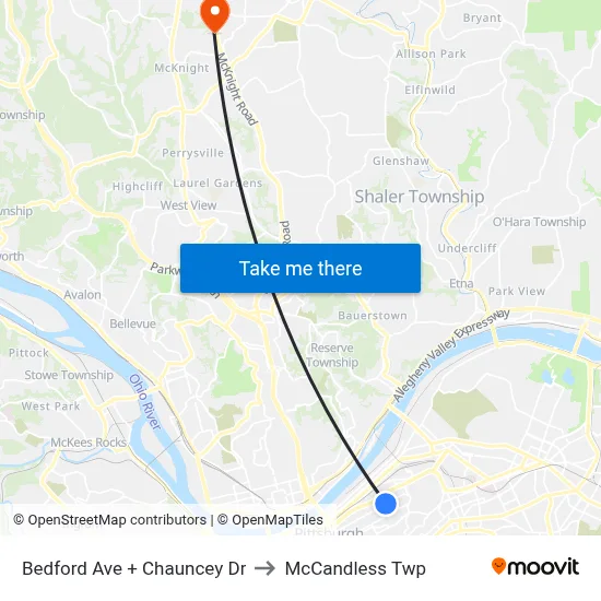 Bedford Ave + Chauncey Dr to McCandless Twp map