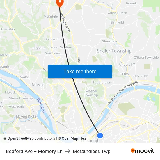 Bedford Ave + Memory Ln to McCandless Twp map