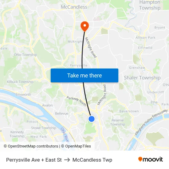 Perrysville Ave + East St to McCandless Twp map