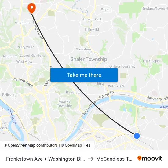 Frankstown Ave + Washington Blvd to McCandless Twp map