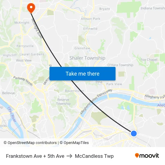 Frankstown Ave + 5th Ave to McCandless Twp map