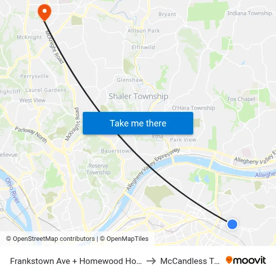Frankstown Ave + Homewood House to McCandless Twp map