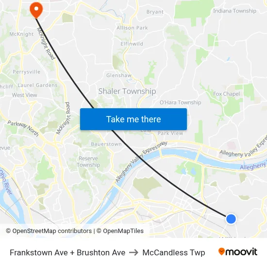 Frankstown Ave + Brushton Ave to McCandless Twp map