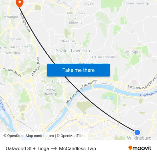 Oakwood St + Tioga to McCandless Twp map