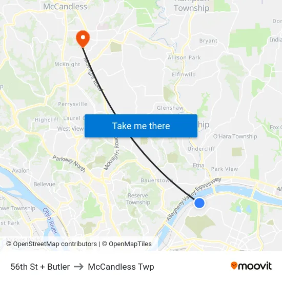 56th St + Butler to McCandless Twp map