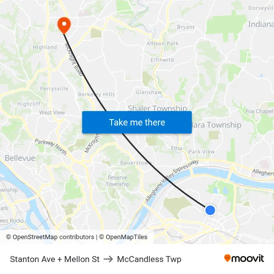 Stanton Ave + Mellon St to McCandless Twp map