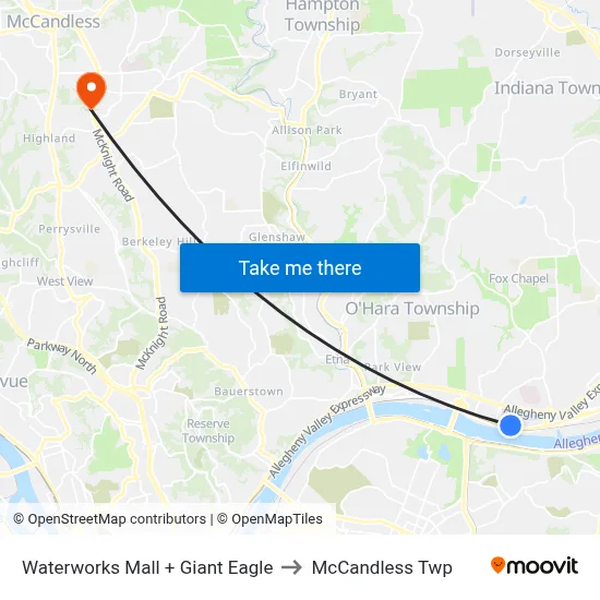 Waterworks Mall + Giant Eagle to McCandless Twp map