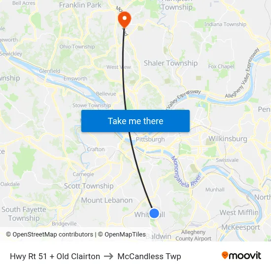 Hwy Rt 51 + Old Clairton to McCandless Twp map