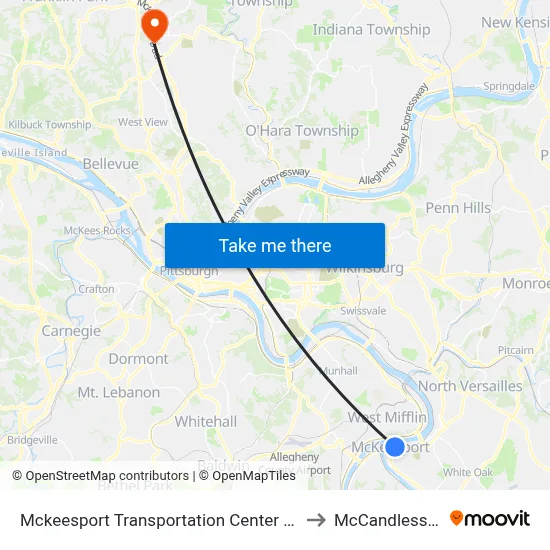 Mckeesport Transportation Center at Bay #2 to McCandless Twp map