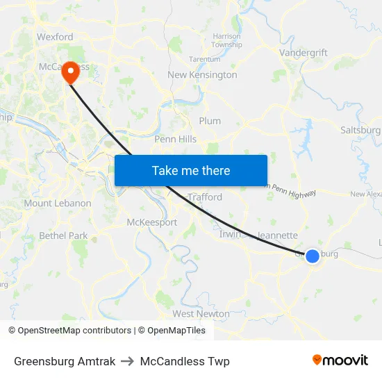 Greensburg Amtrak to McCandless Twp map