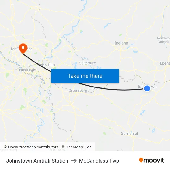 Johnstown Amtrak Station to McCandless Twp map