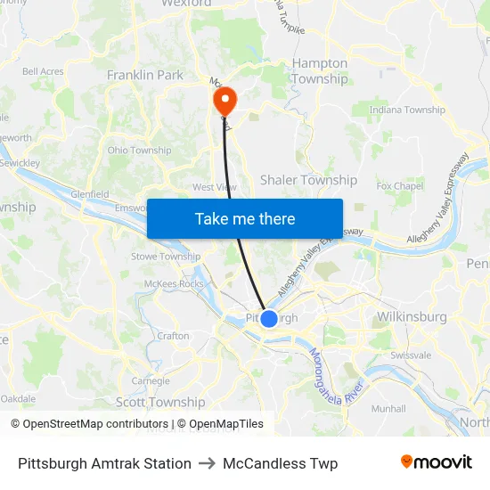 Pittsburgh Amtrak Station to McCandless Twp map