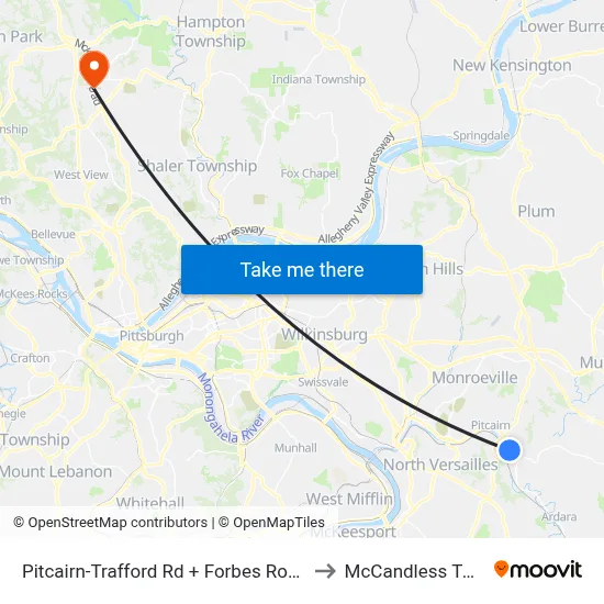 Pitcairn-Trafford Rd + Forbes Road to McCandless Twp map