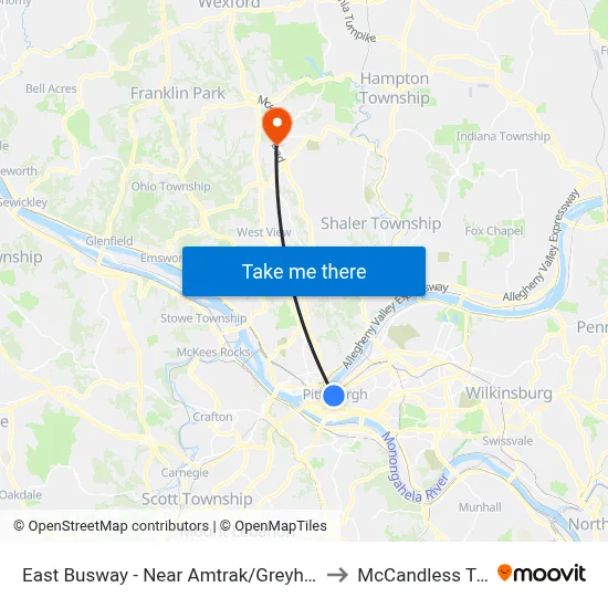 East Busway - Near Amtrak/Greyhound to McCandless Twp map