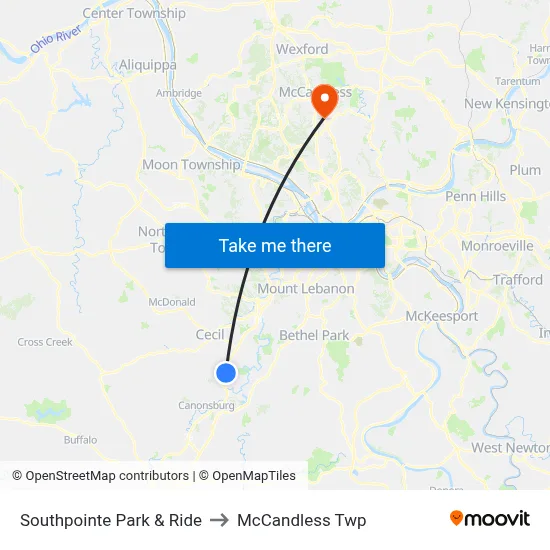 Southpointe Park & Ride to McCandless Twp map