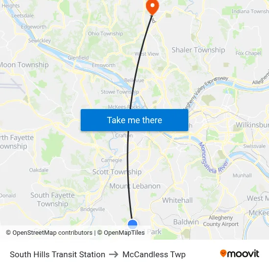 South Hills Transit Station to McCandless Twp map