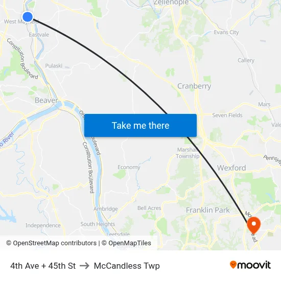 4th Ave + 45th St to McCandless Twp map