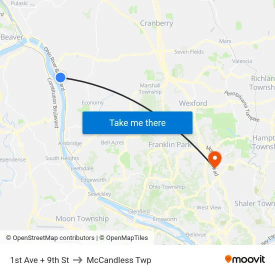 1st Ave + 9th St to McCandless Twp map