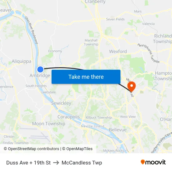 Duss Ave + 19th St to McCandless Twp map