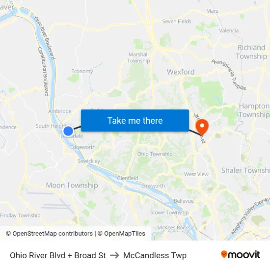 Ohio River Blvd + Broad St to McCandless Twp map
