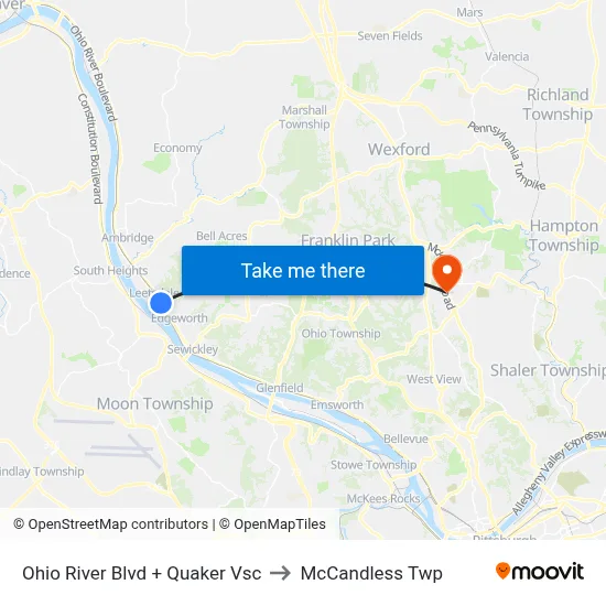 Ohio River Blvd + Quaker Vsc to McCandless Twp map
