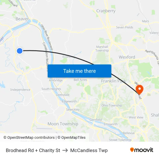 Brodhead Rd + Charity St to McCandless Twp map