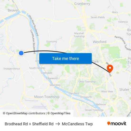 Brodhead Rd + Sheffield Rd to McCandless Twp map