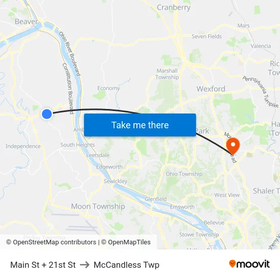 Main St + 21st St to McCandless Twp map