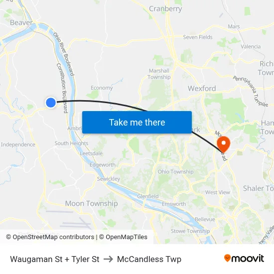 Waugaman St + Tyler St to McCandless Twp map