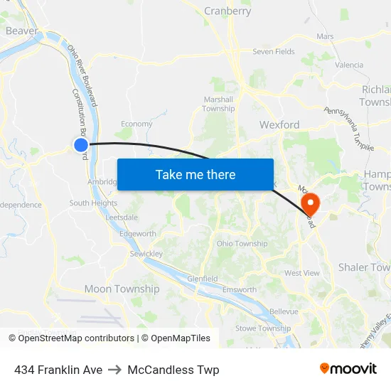 434 Franklin Ave to McCandless Twp map
