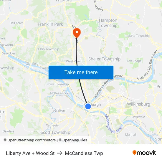 Liberty Ave + Wood St to McCandless Twp map