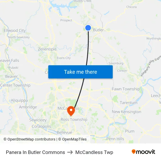 Panera In Butler Commons to McCandless Twp map
