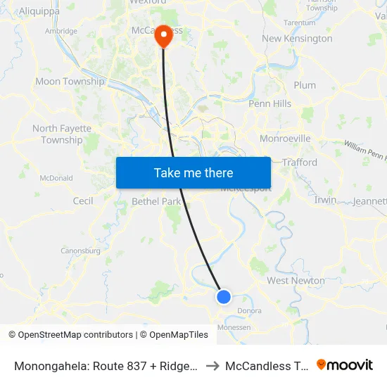 Monongahela: Route 837 + Ridge Ave to McCandless Twp map