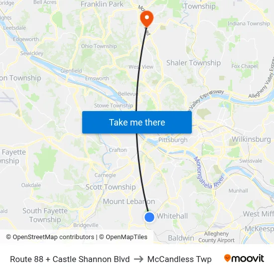 Route 88 + Castle Shannon Blvd to McCandless Twp map