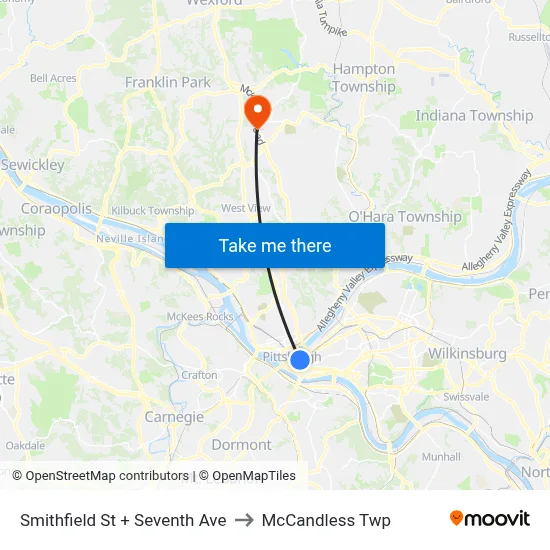Smithfield St + Seventh Ave to McCandless Twp map
