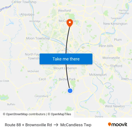 Route 88 + Brownsville Rd to McCandless Twp map