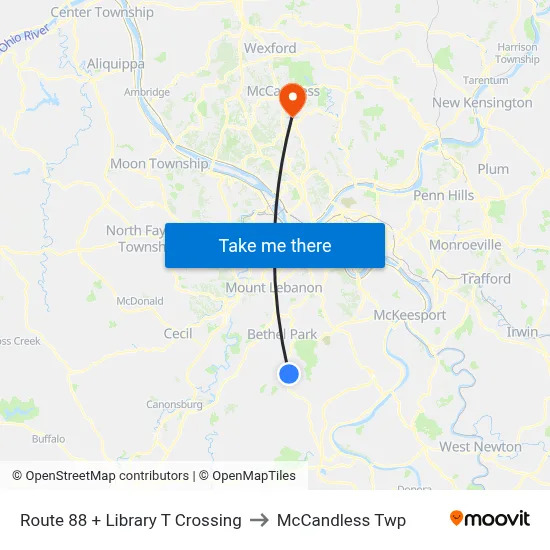 Route 88 + Library T Crossing to McCandless Twp map