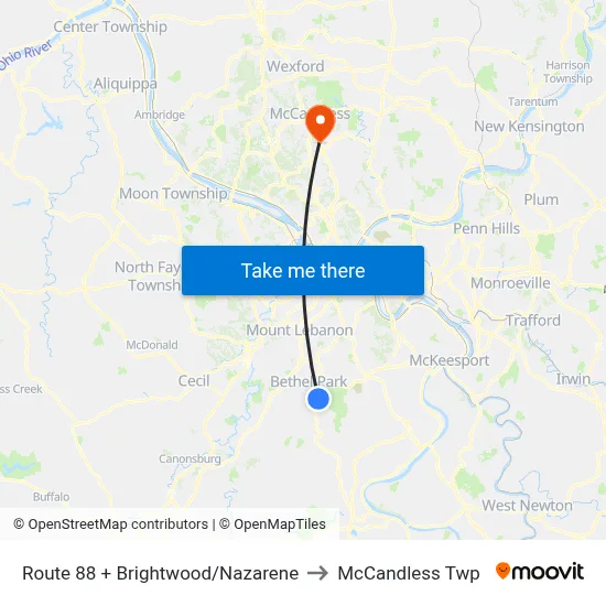 Route 88 + Brightwood/Nazarene to McCandless Twp map