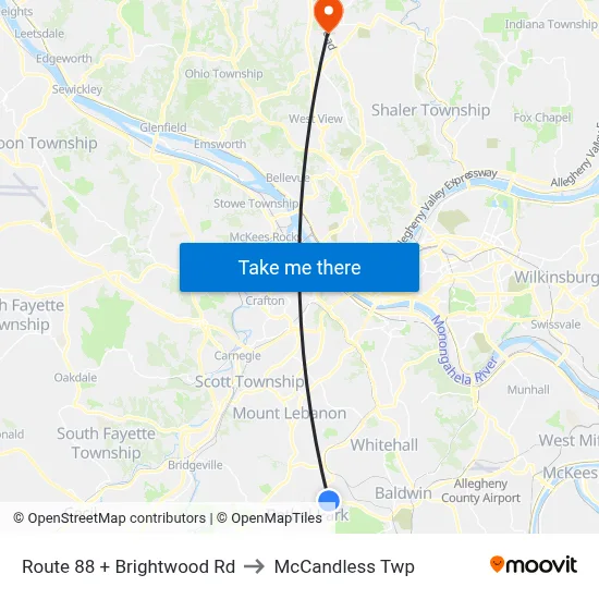 Route 88 + Brightwood Rd to McCandless Twp map