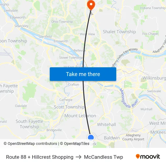 Route 88 + Hillcrest Shopping to McCandless Twp map