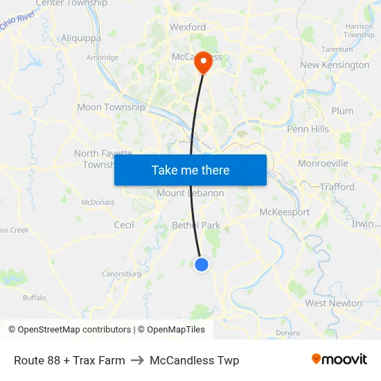 Route 88 + Trax Farm to McCandless Twp map