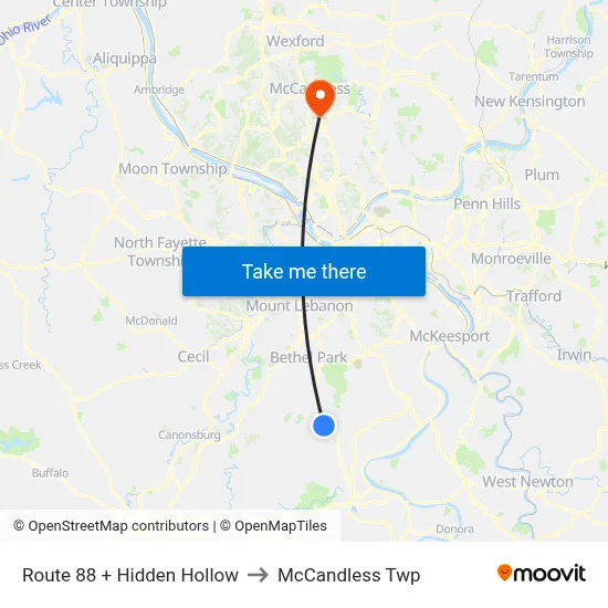 Route 88 + Hidden Hollow to McCandless Twp map
