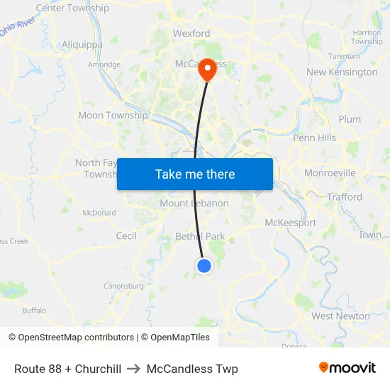 Route 88 + Churchill to McCandless Twp map