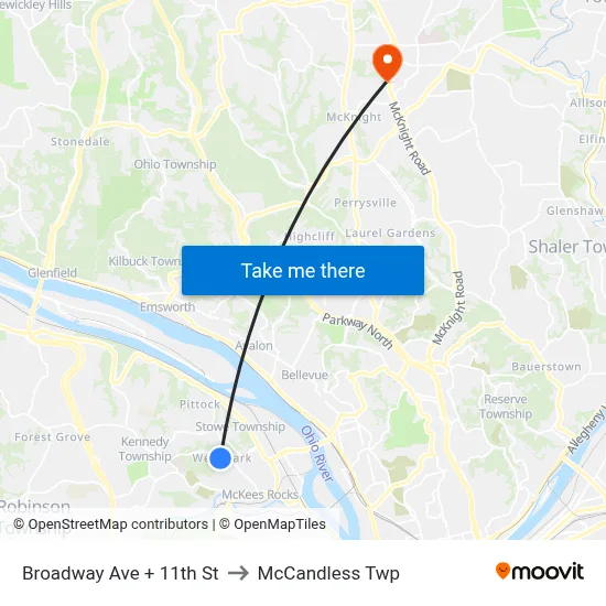 Broadway Ave + 11th St to McCandless Twp map
