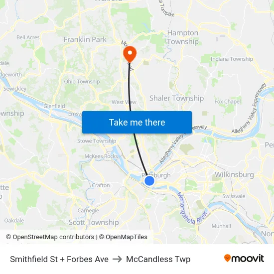 Smithfield St + Forbes Ave to McCandless Twp map