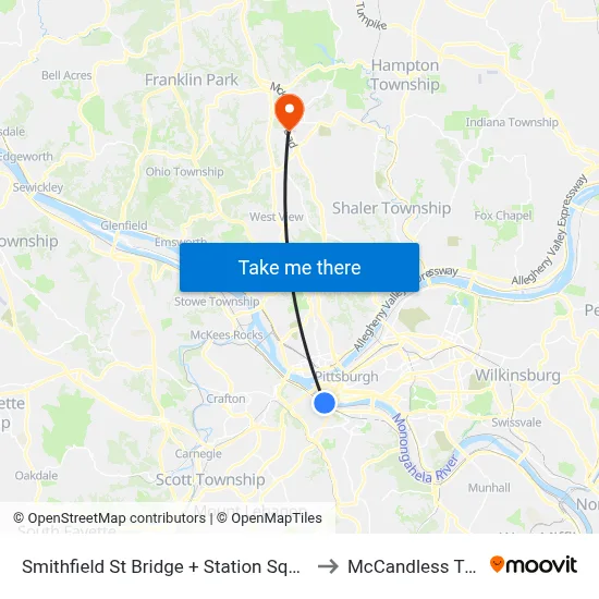 Smithfield St Bridge + Station Square to McCandless Twp map